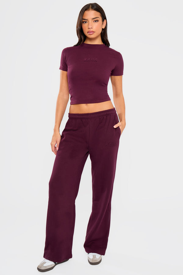 Kaiia Embossed Bubble Logo Wide Leg Joggers Deep Merlot