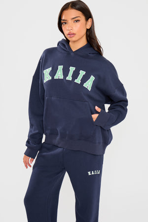 Kaiia Slogan Oversized Hoodie Navy & Green