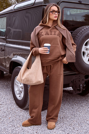 Kaiia Slogan Ribbed Waistband Straight Leg Joggers Coffee