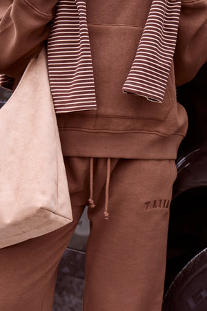 Kaiia Slogan Ribbed Waistband Straight Leg Joggers Coffee