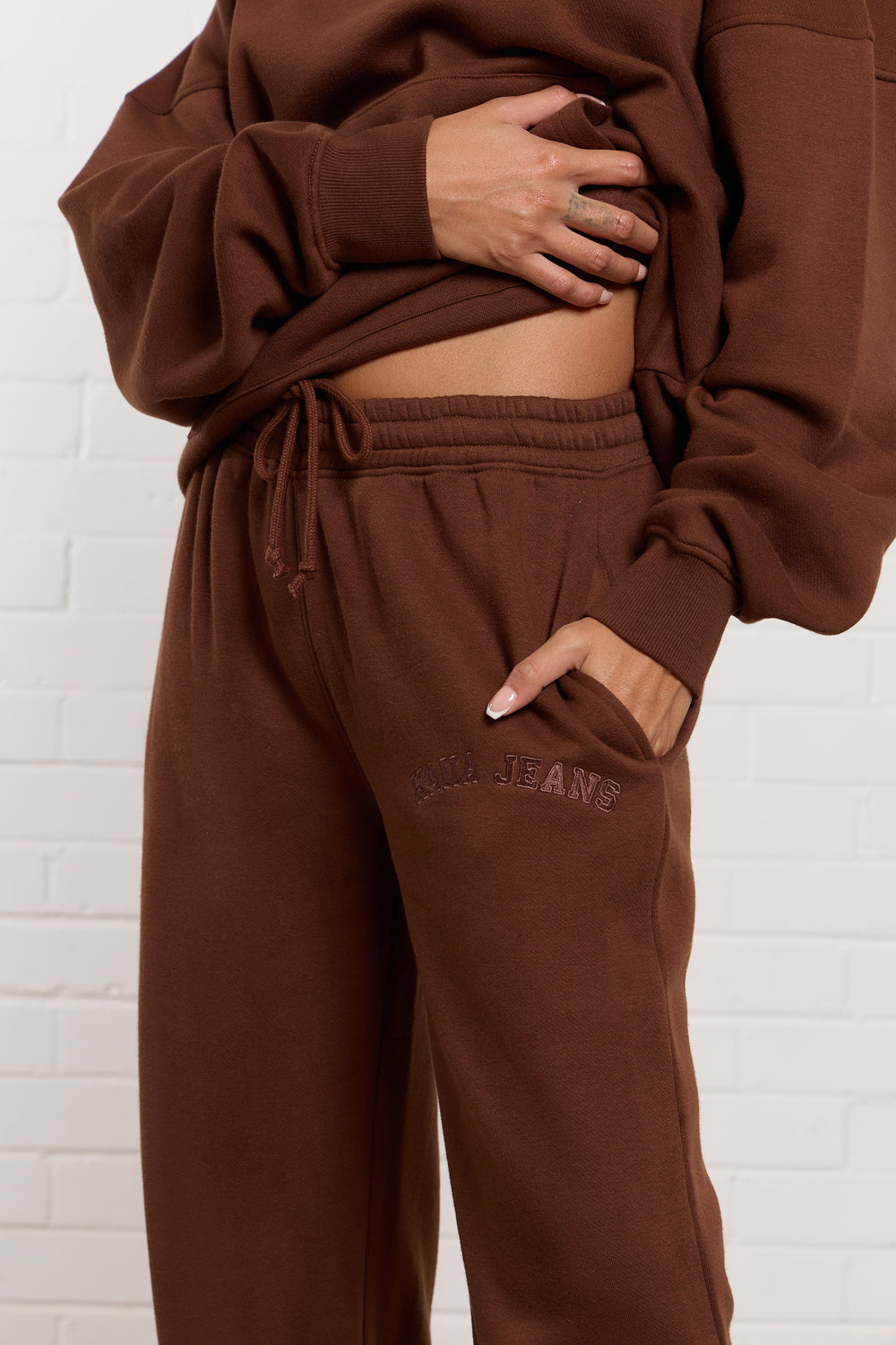 Kaiia Jeans Embroidered Wide Leg Joggers Chestnut