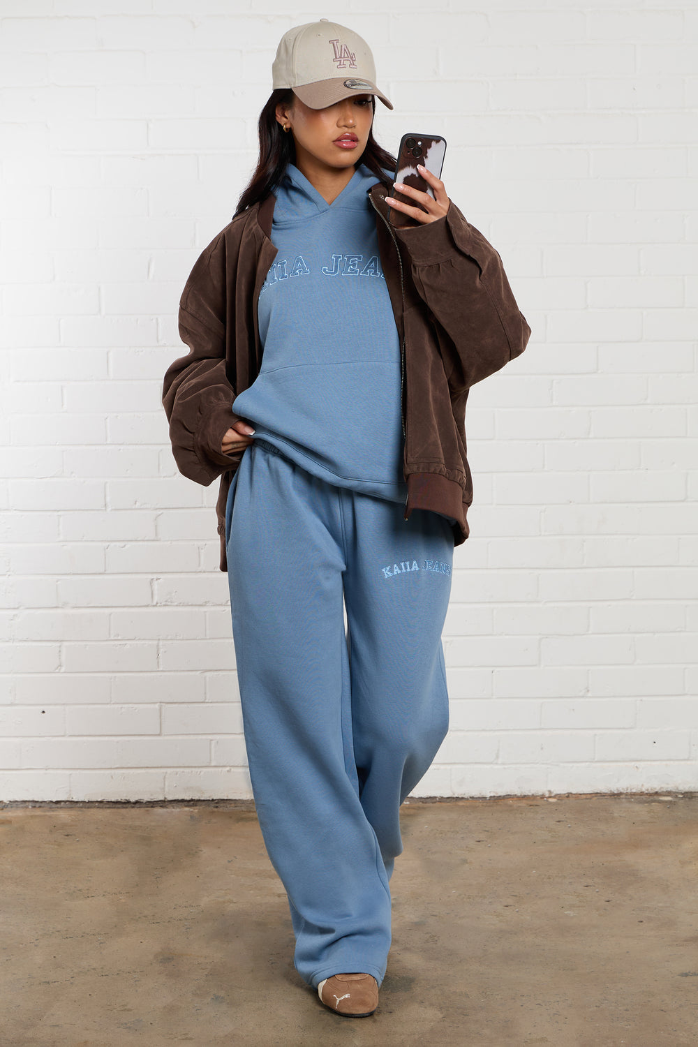 Kaiia Jeans Embroidered Wide Leg Joggers Denim Blue