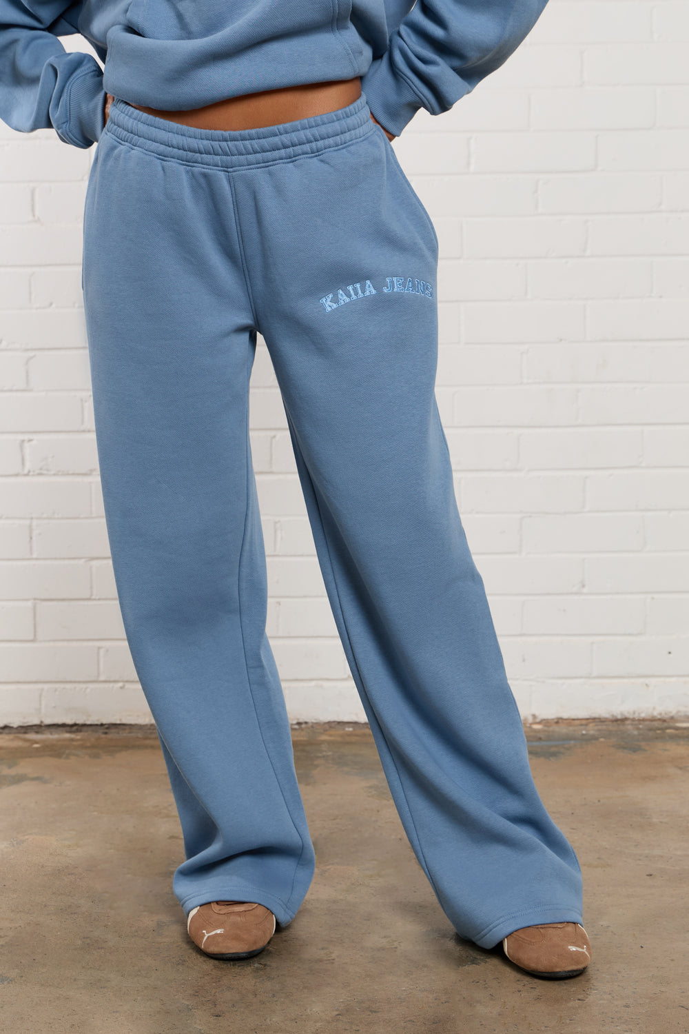 Kaiia Jeans Embroidered Wide Leg Joggers Denim Blue