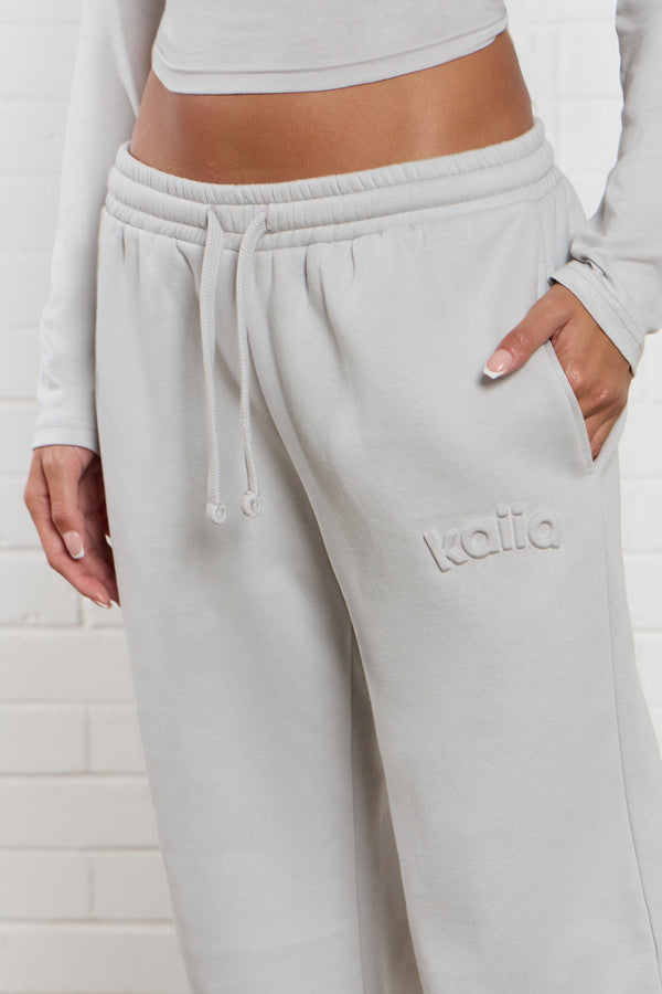 Kaiia Jeans Embossed Wide Leg Joggers Silver Grey