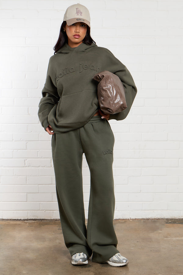 Kaiia Jeans Embossed Wide Leg Joggers Smoke Olive