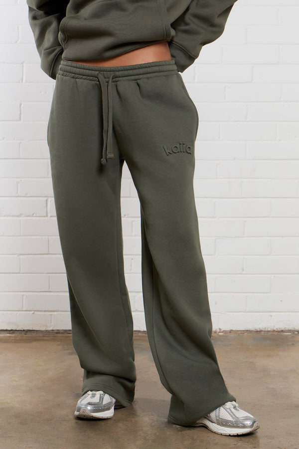 Kaiia Jeans Embossed Wide Leg Joggers Smoke Olive