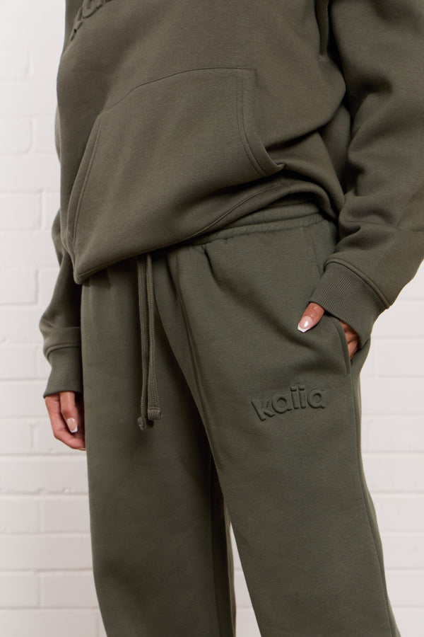 Kaiia Jeans Embossed Wide Leg Joggers Smoke Olive