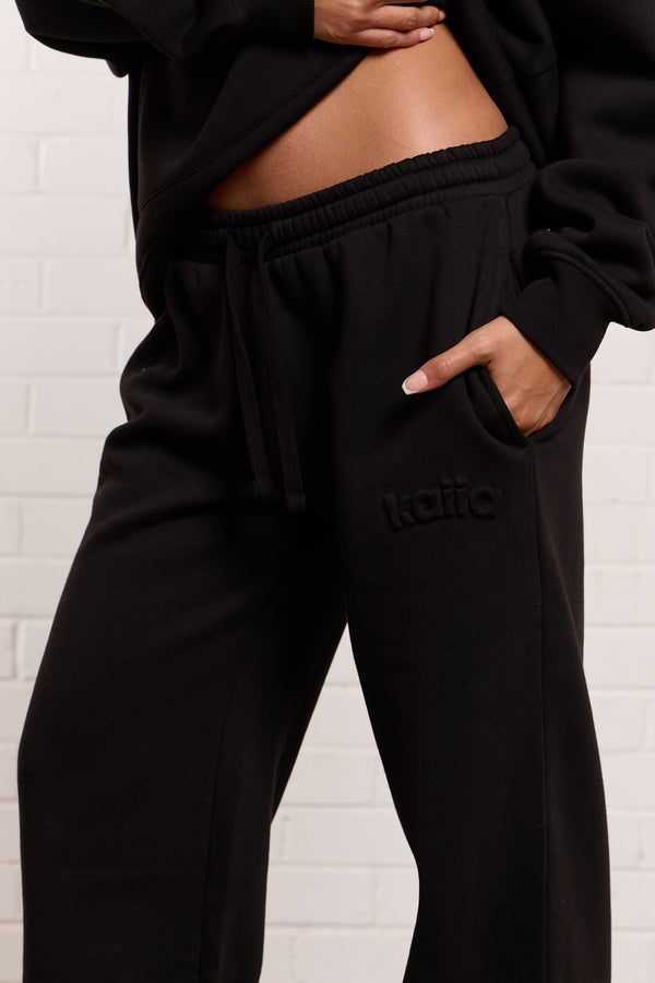 Kaiia Jeans Embossed Wide Leg Joggers Black