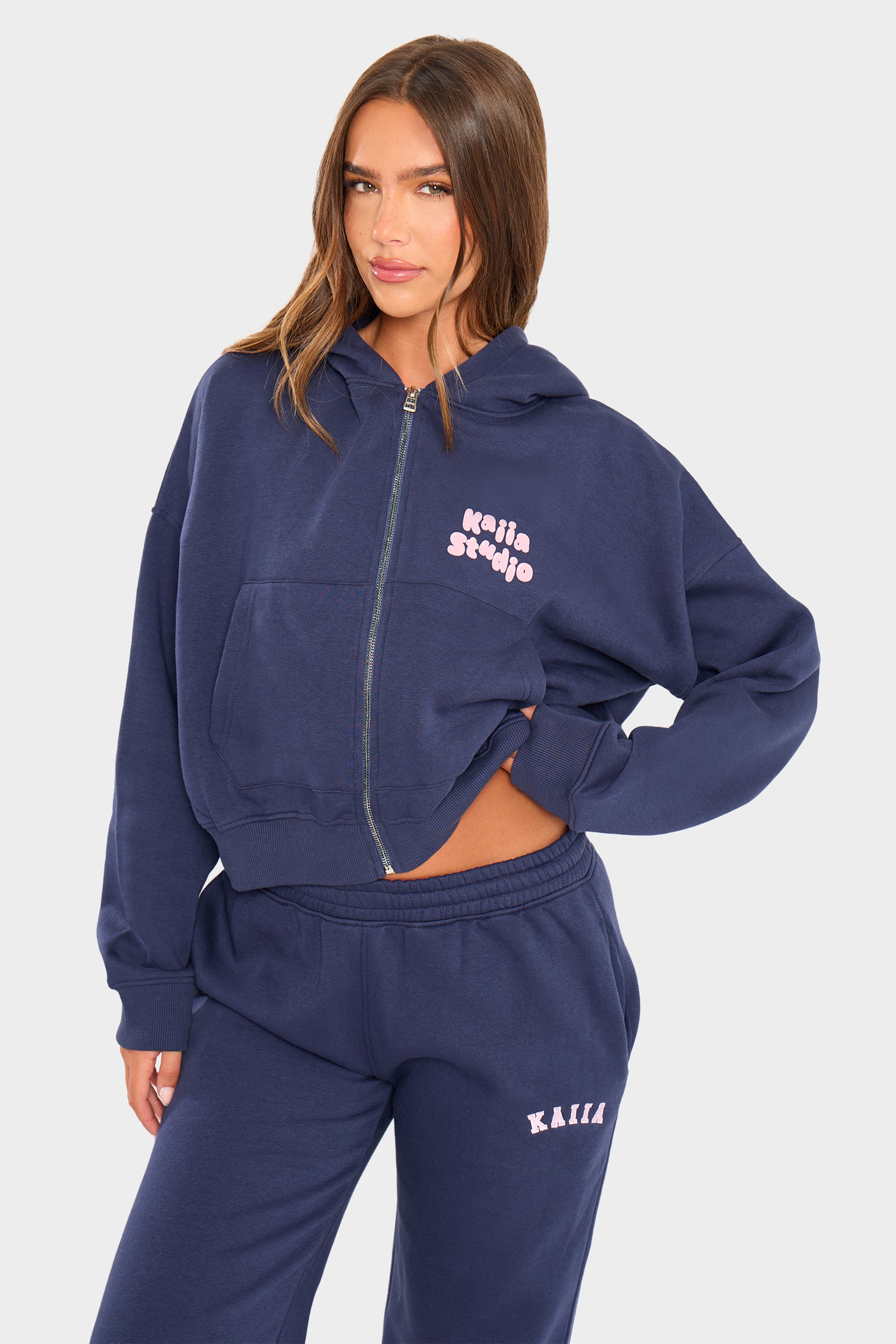 Kaiia Studio Bubble Oversized Zip Through Hoodie Navy & Pink Kaiia Studio Bubble Oversized Zip Through Hoodie Navy & Pink