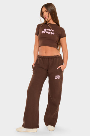 Kaiia Studio Bubble Wide Leg Joggers Chocolate & Pink