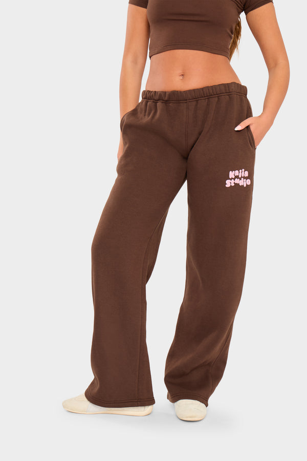 Kaiia Studio Bubble Wide Leg Joggers Chocolate & Pink
