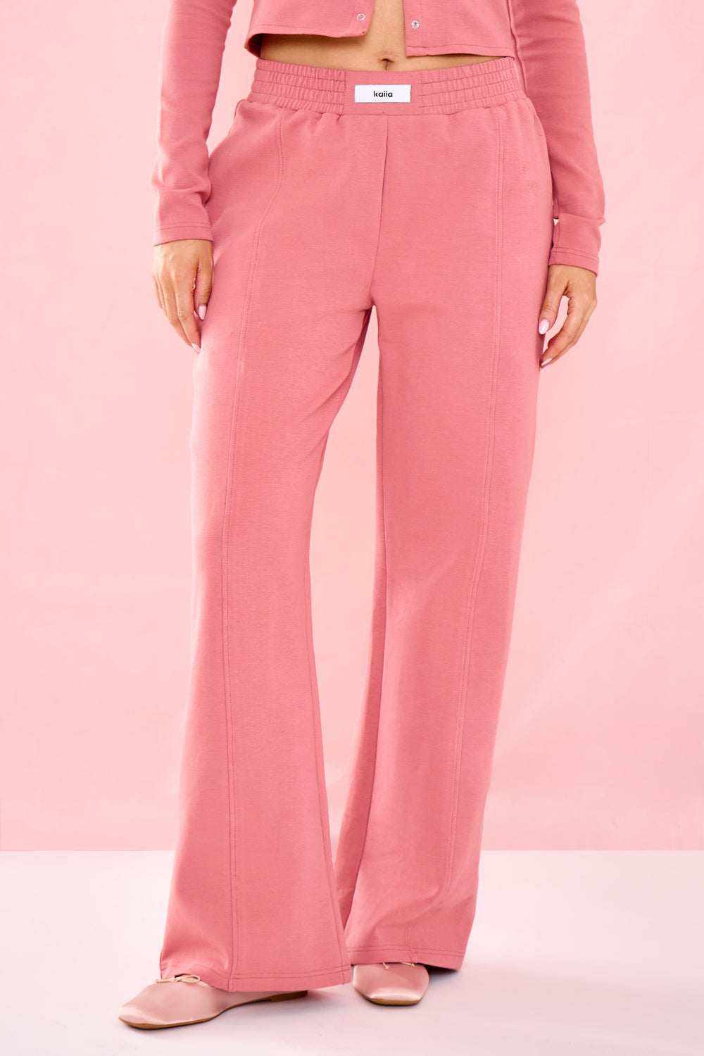 Kaiia Label Logo Premium Interlock Seam Detail Wide Leg Joggers Ribbon Pink