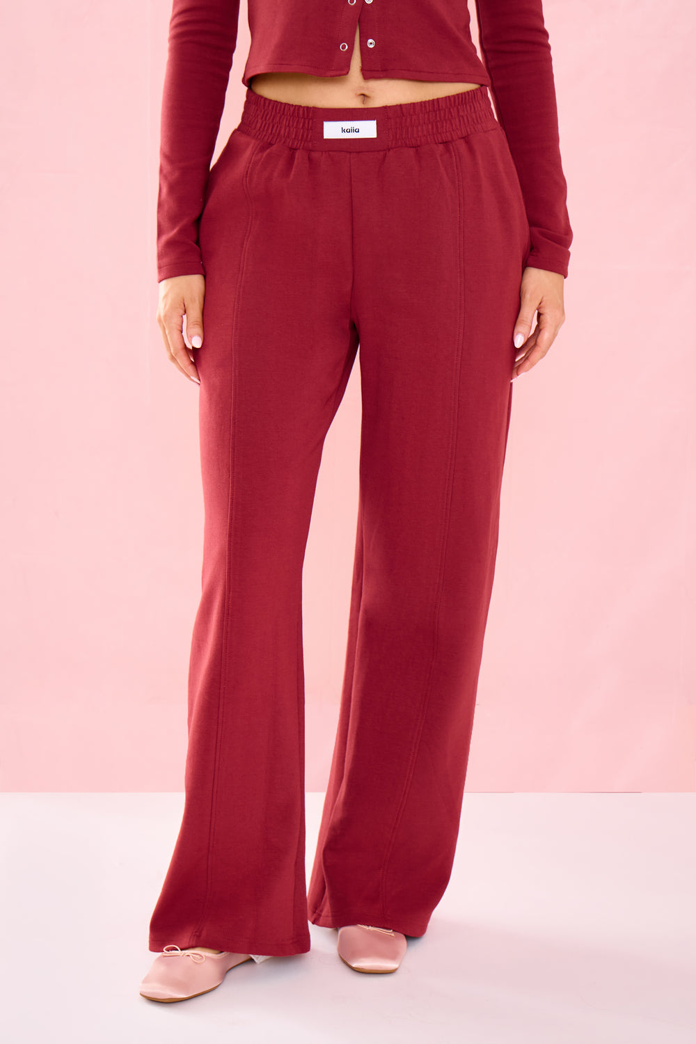 Kaiia Label Logo Premium Interlock Seam Detail Wide Leg Joggers Warm Berry