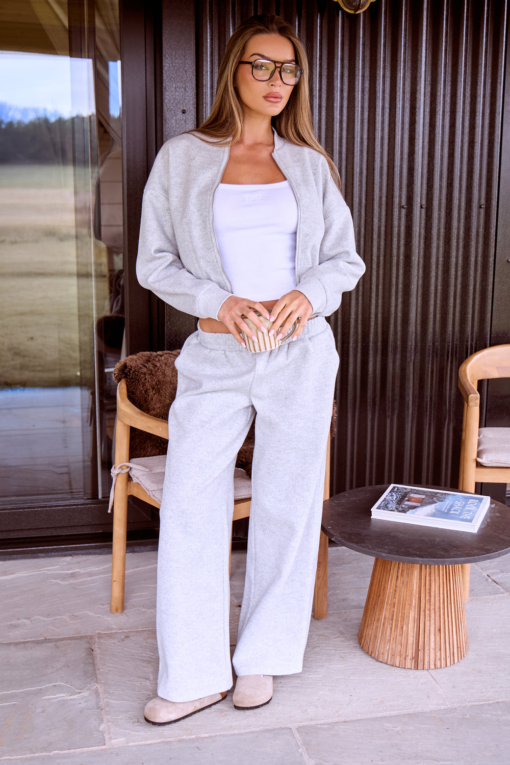 Kaiia Wool Effect Wide Leg Trousers Grey Marl