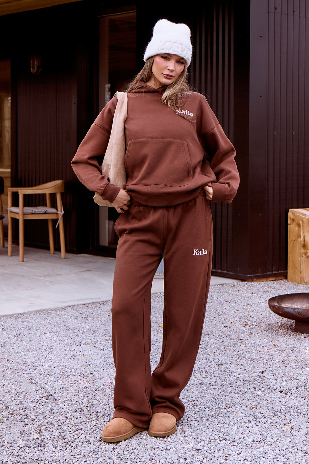 Kaiia Slogan Wide Leg Joggers Fudge