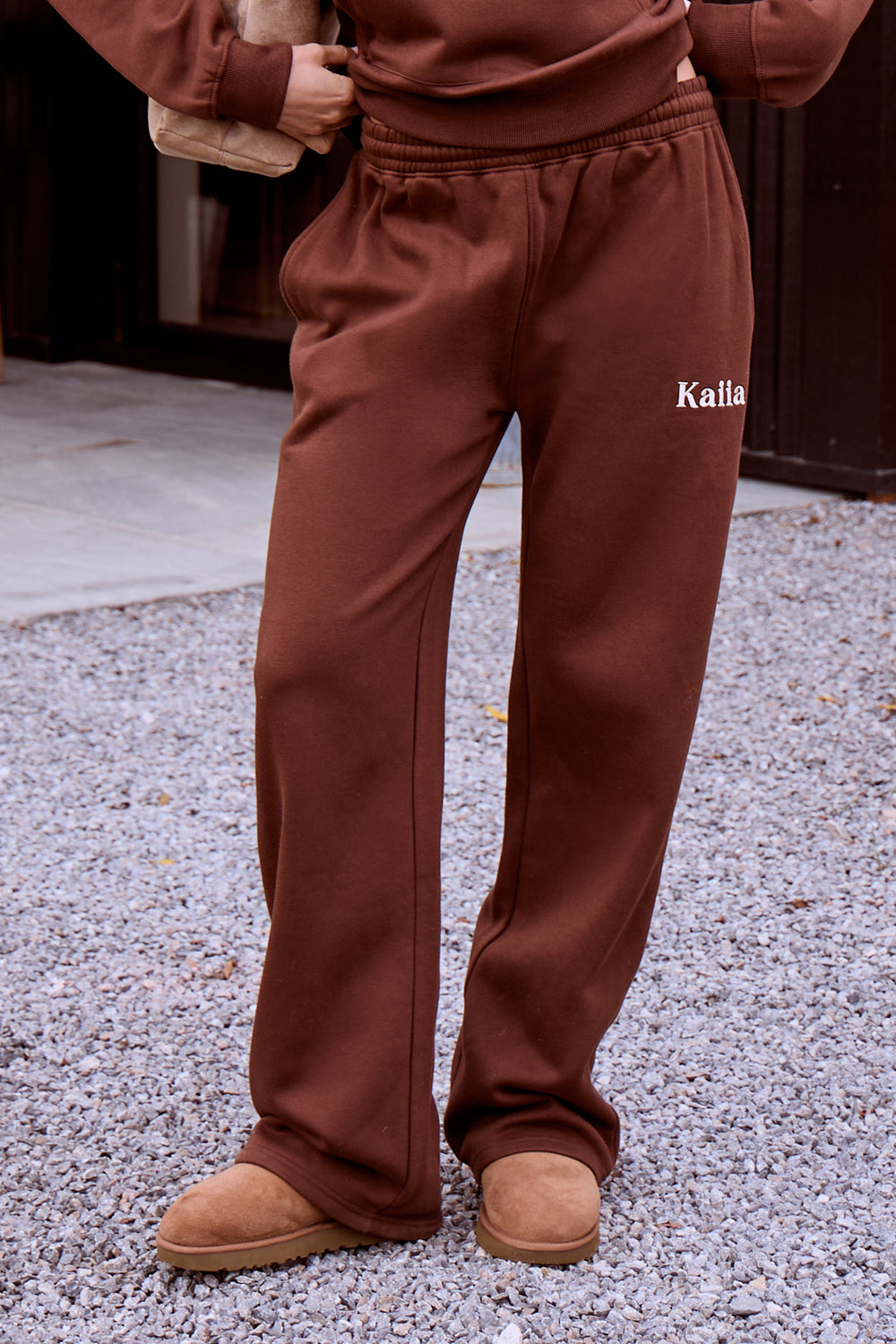 Kaiia Slogan Wide Leg Joggers Fudge