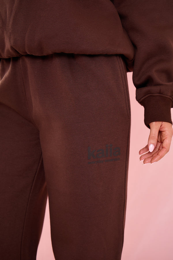 Kaiia Matte Slogan Mid Rise Wide Leg Joggers Bitter Chocolate