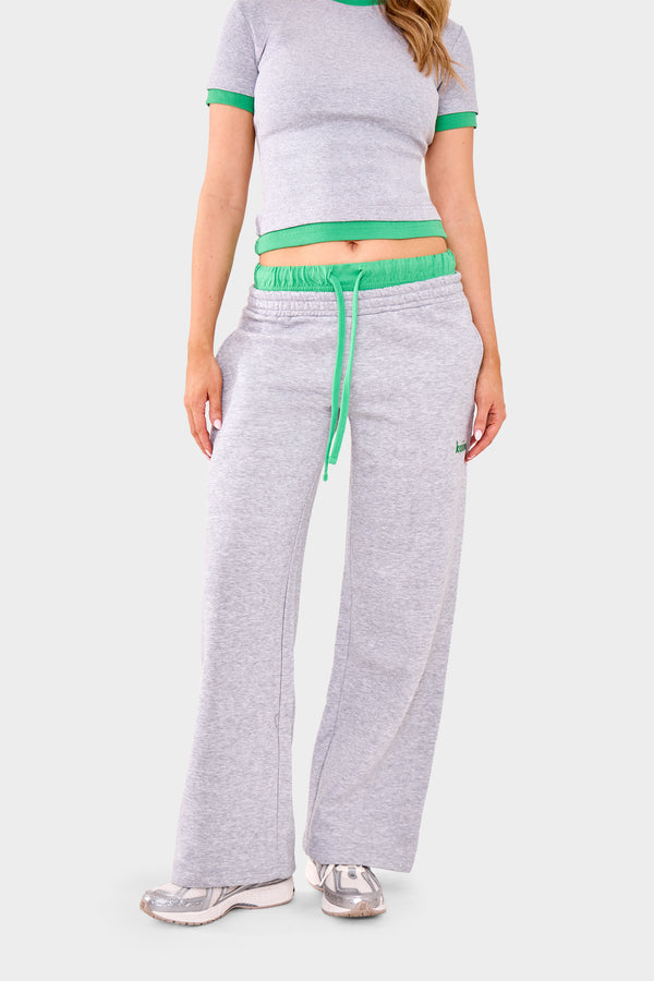 Kaiia Double Waist Wide Leg Joggers Grey Marl & Green