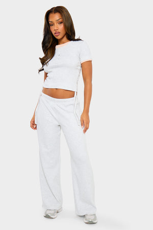 Kaiia Ribbed Wide Leg Trousers Light Grey Marl & Pink