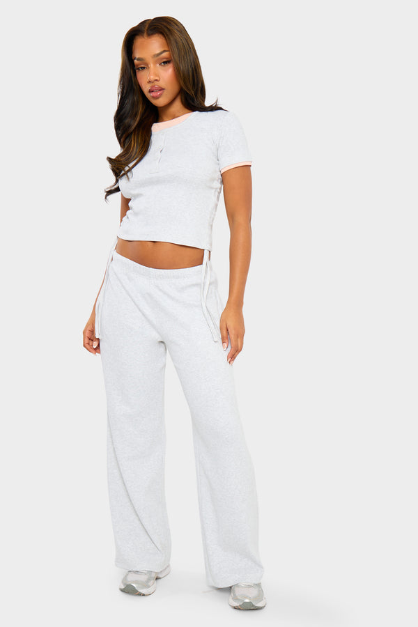 Kaiia Ribbed Wide Leg Trousers Light Grey Marl & Pink
