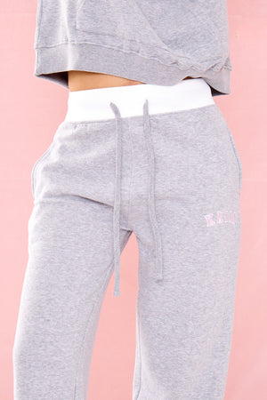 Kaiia Ribbed Waist Band High Waisted Joggers Grey Marl & Pink