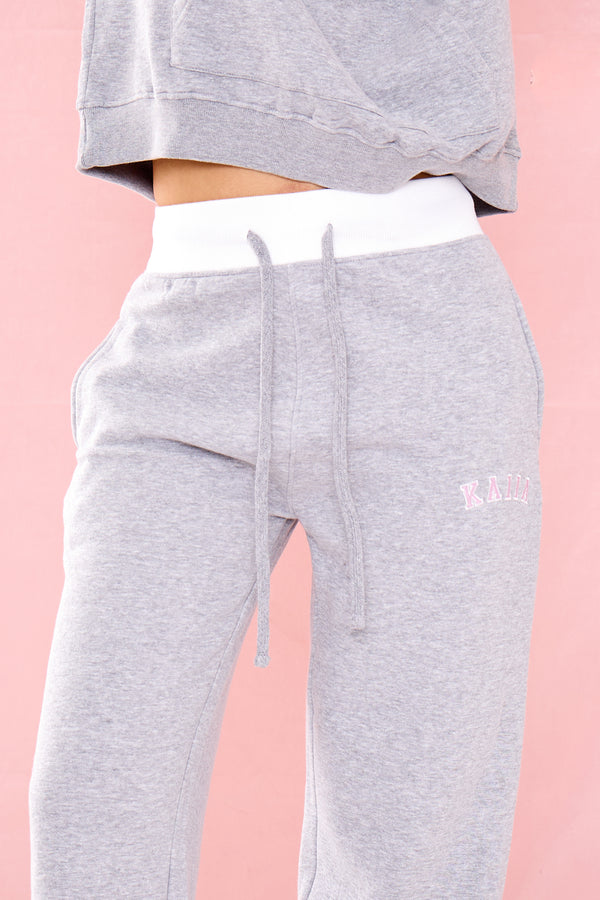 Kaiia Ribbed Waist Band High Waisted Joggers Grey Marl & Pink