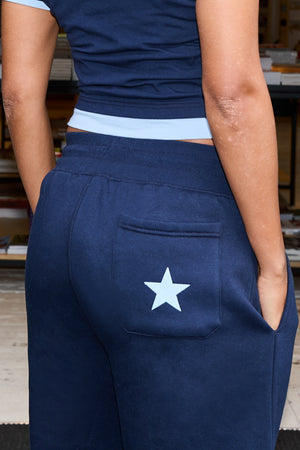Kaiia Ribbed Waistband Wide Leg Joggers Navy & Baby Blue