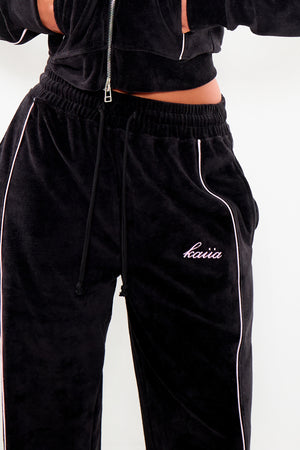 Kaiia Velour Contrast Piping Straight Leg Joggers Black & Pink