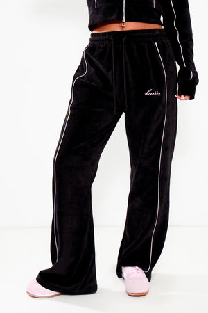 Kaiia Velour Contrast Piping Straight Leg Joggers Black & Pink