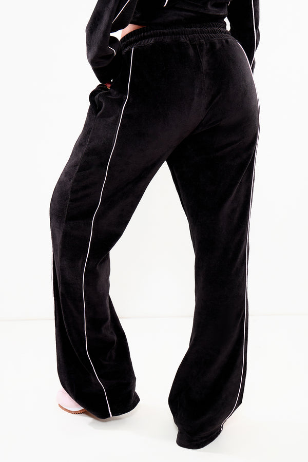 Kaiia Velour Contrast Piping Straight Leg Joggers Black & Pink