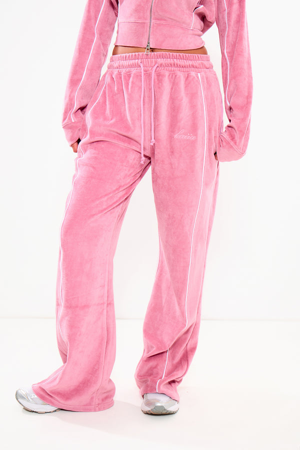 Kaiia Velour Contrast Piping Straight Leg Joggers Pink & White