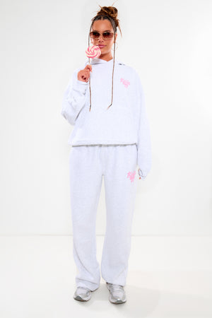 Kaiia Bow Graphic Wide Leg Joggers Light Grey Marl & Pink