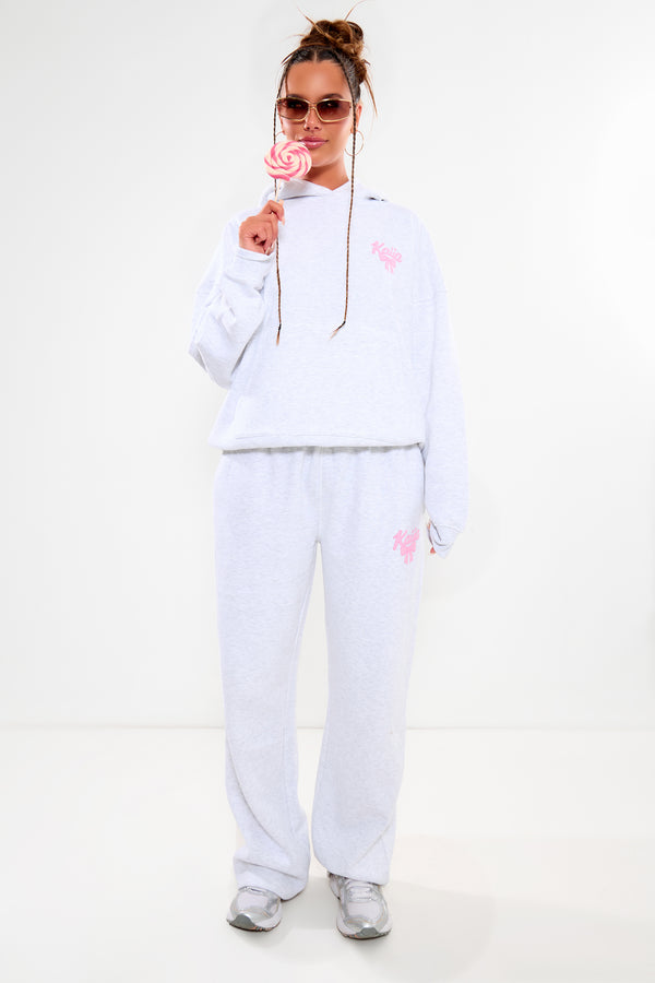 Kaiia Bow Graphic Wide Leg Joggers Light Grey Marl & Pink