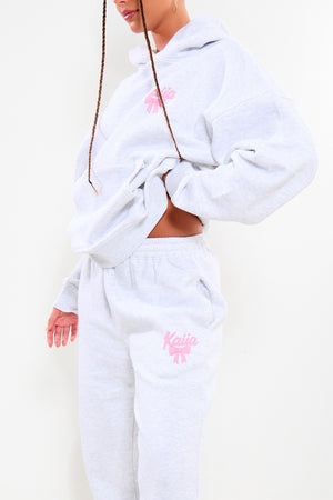 Kaiia Bow Graphic Wide Leg Joggers Light Grey Marl & Pink