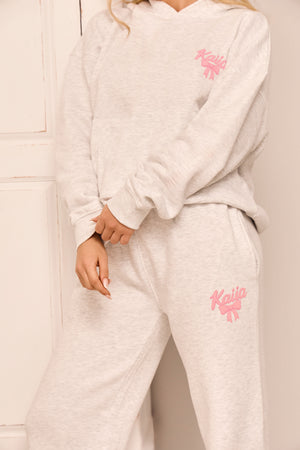 Kaiia Bow Graphic Wide Leg Joggers Light Grey Marl & Pink