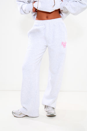 Kaiia Bow Graphic Wide Leg Joggers Light Grey Marl & Pink