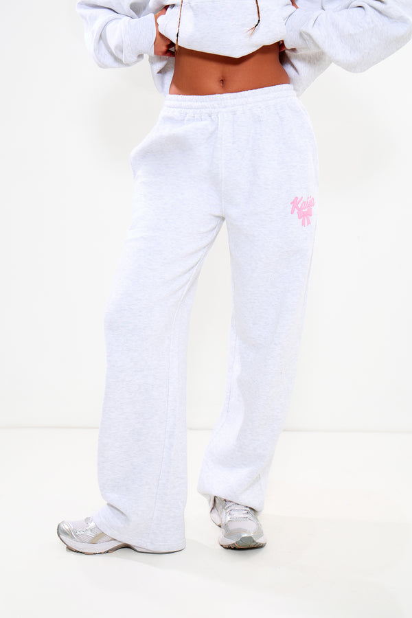 Kaiia Bow Graphic Wide Leg Joggers Light Grey Marl & Pink
