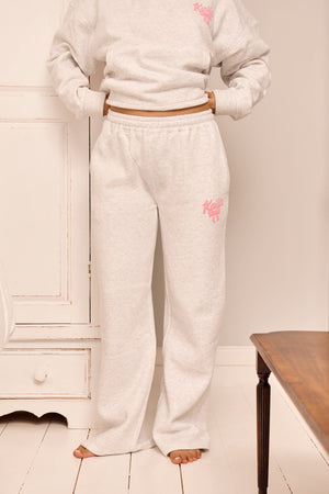 Kaiia Bow Graphic Wide Leg Joggers Light Grey Marl & Pink