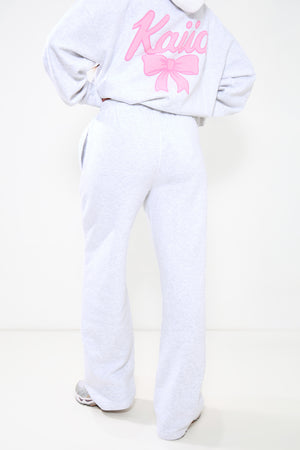 Kaiia Bow Graphic Wide Leg Joggers Light Grey Marl & Pink