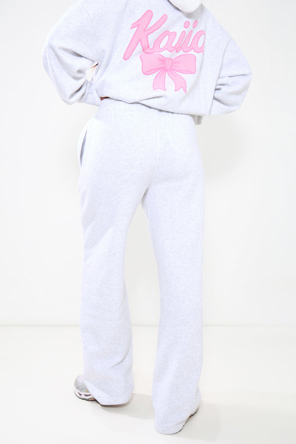 Kaiia Bow Graphic Wide Leg Joggers Light Grey Marl & Pink