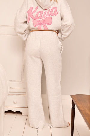Kaiia Bow Graphic Wide Leg Joggers Light Grey Marl & Pink
