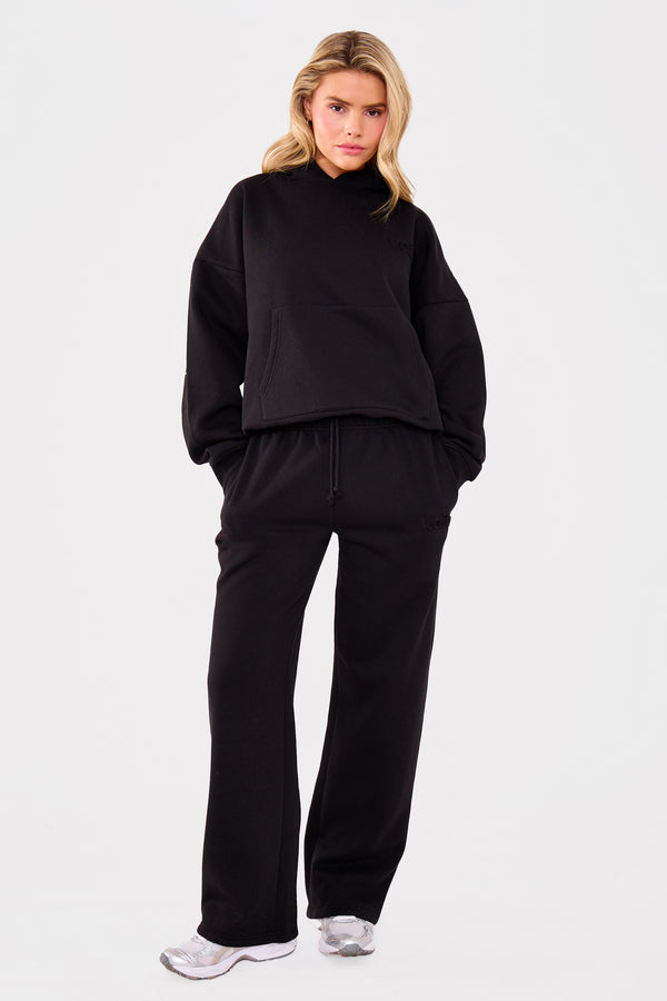 Kaiia Embossed Logo Wide Leg Joggers Black