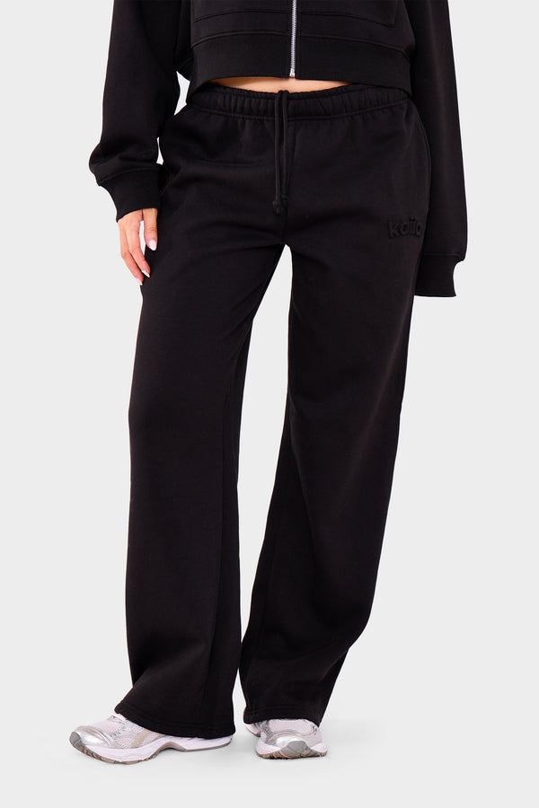 Kaiia Embossed Logo Wide Leg Joggers Black