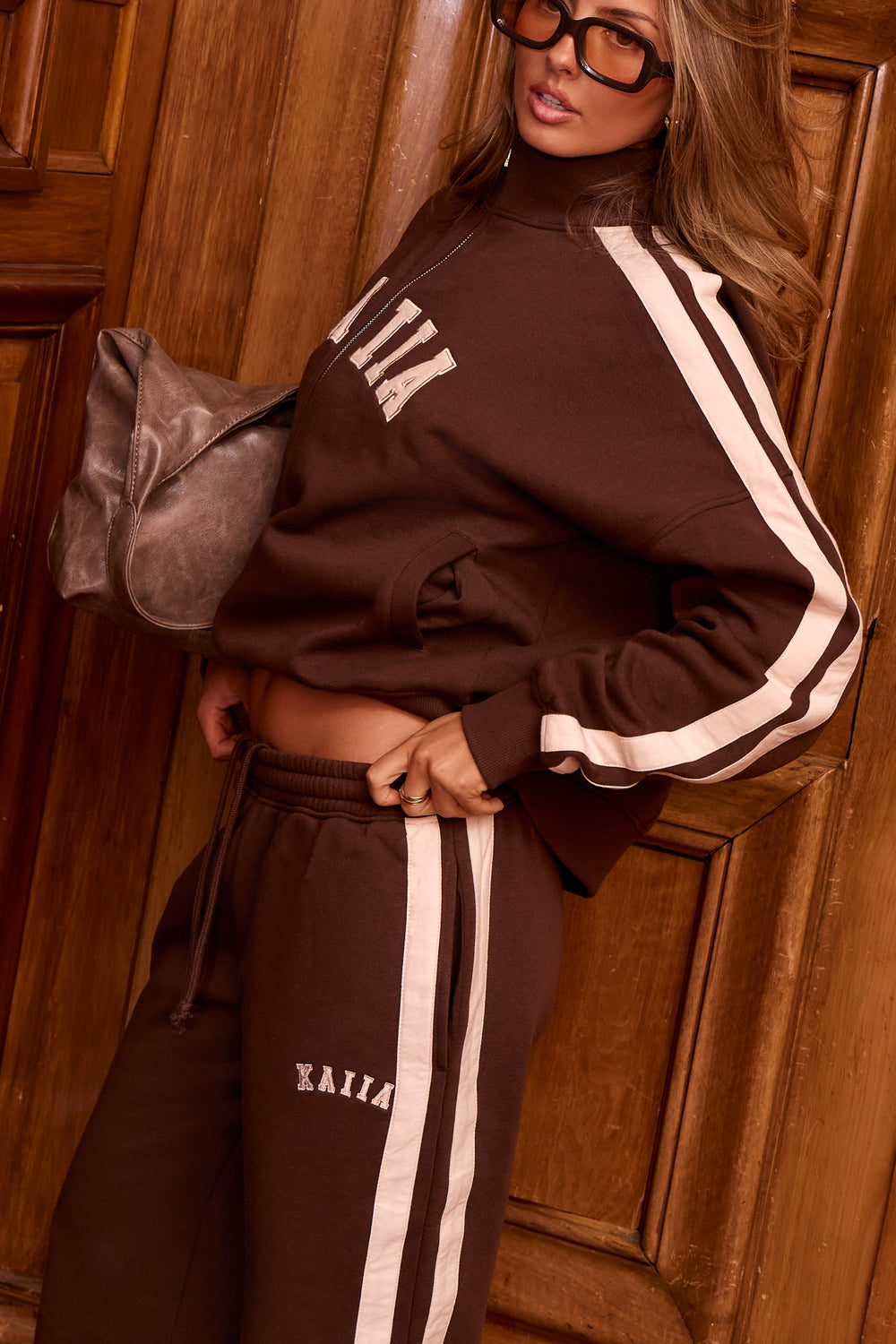 Kaiia Sport Stripe Wide Leg Joggers Bitter Chocolate & Cream