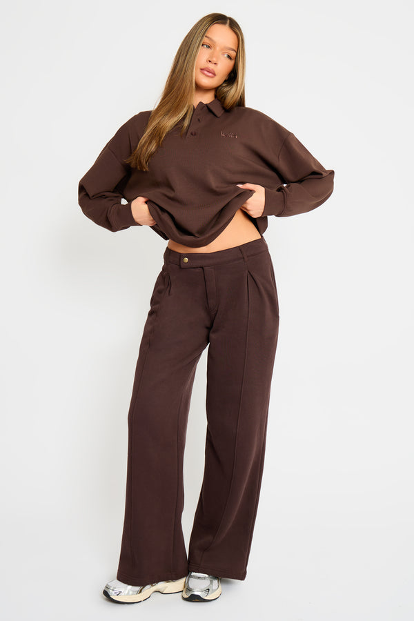 Kaiia Interlock Pintuck Straight Leg Joggers Bitter Chocolate