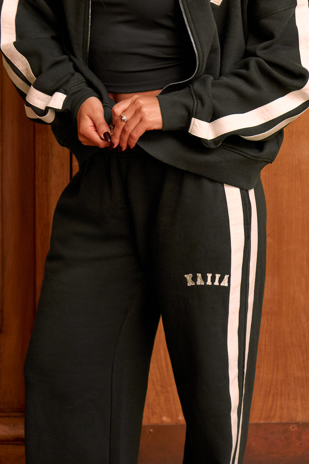 Kaiia Sport Stripe Wide Leg Joggers Pine Green & Cream