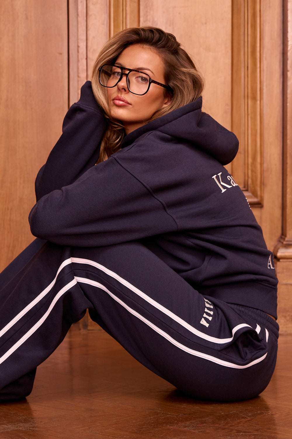 Kaiia Logo Side Stripe Wide Leg Joggers Navy & White
