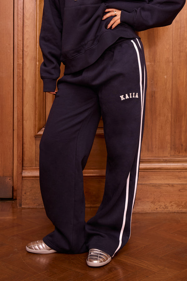 Kaiia Logo Side Stripe Wide Leg Joggers Navy & White
