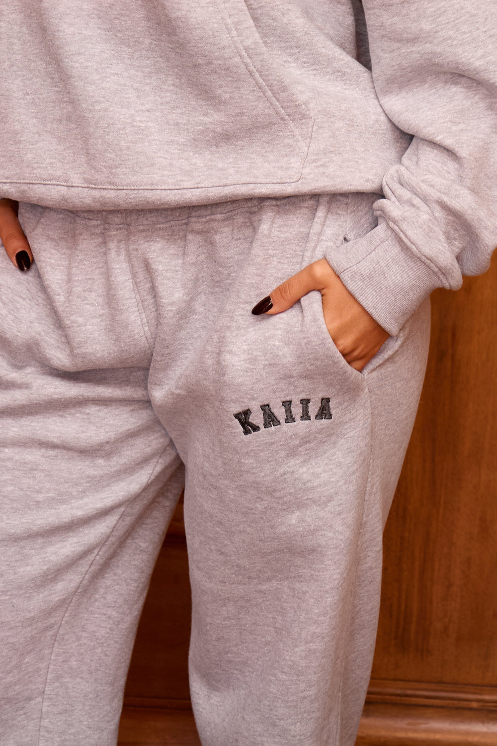 Kaiia Slogan Wide Leg Joggers Mid Grey Marl & Pine Green