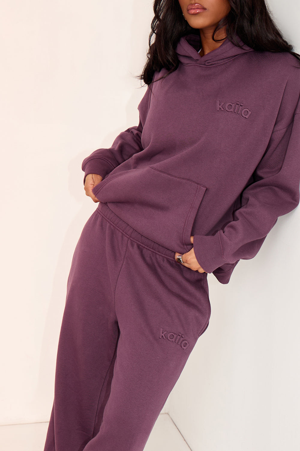 Kaiia Embossed Logo Wide Leg Joggers Aubergine